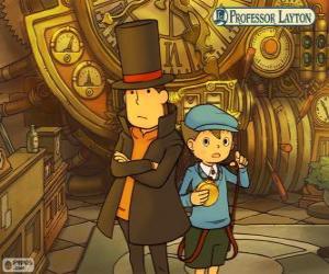 пазл Профессор Лейтон и его помощник Люк Тритон, главные действующие лица тайны и головоломки игры для Nintendo